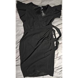 Women's Deep V Neck Ruffle Sleeve Faux Wrap Dress Black Size M